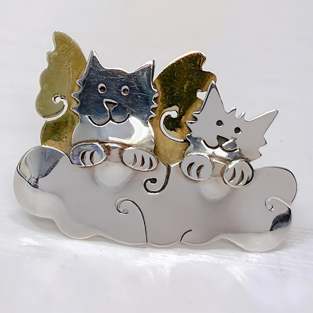 Vintage Far Fetched Sterling Silver Brass Furry Pets Guardian Angel Brooch Pin - Picture 3 of 11
